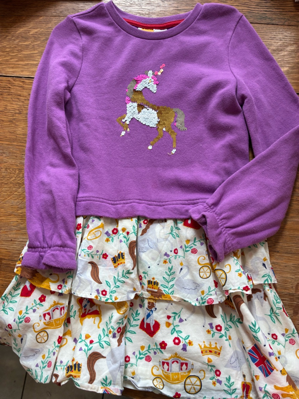 Mini Boden Purple Sequin Horse Top with Printed Ruffle Skirt